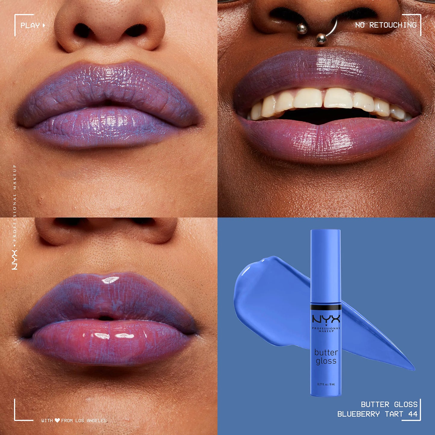 NYX PROFESSIONAL MAKEUP Butter Gloss, Non-Sticky Lip Gloss - Blueberry Tart (Periwinkle Blue) 44 Blueberry Tart 0.27 Fl Oz (Pack of 1)